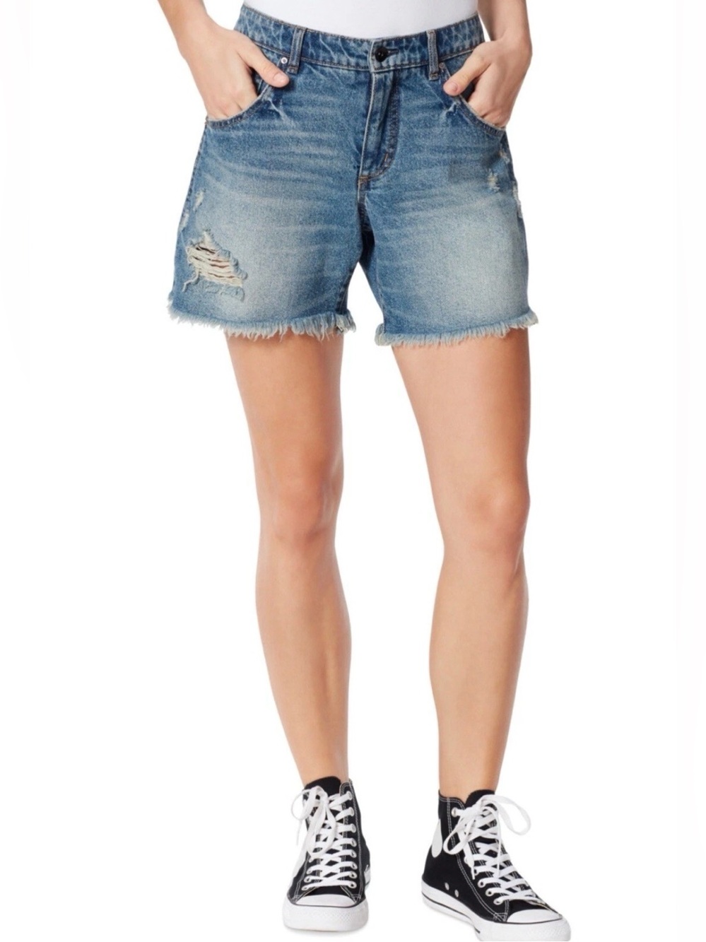 FRAYED Blue Denim Frayed Zippered Pocketed Cut Off High Waist Shorts 26 $59